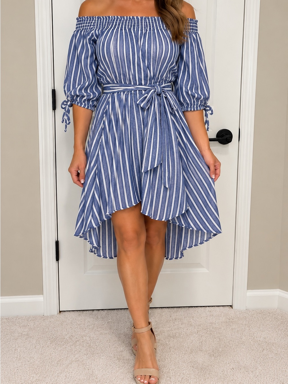 Off-Shoulder Blue Striped Hi-Lo Dress with Tie Waist